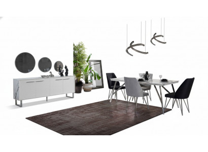 Grijswitte eetkamer meubels commode eettafel luxe gestoffeerde stoelen.