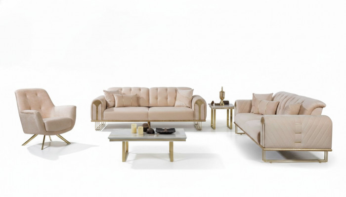 Moderne Beige Woonkamer bankstel x2 3-zits gestoffeerde fauteuil 3-delig