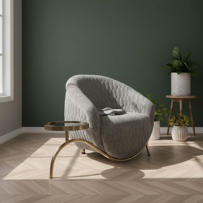 Grijze gestoffeerde eenzitter woonkamer designer fauteuil. Nobele fauteuil voor één persoon.