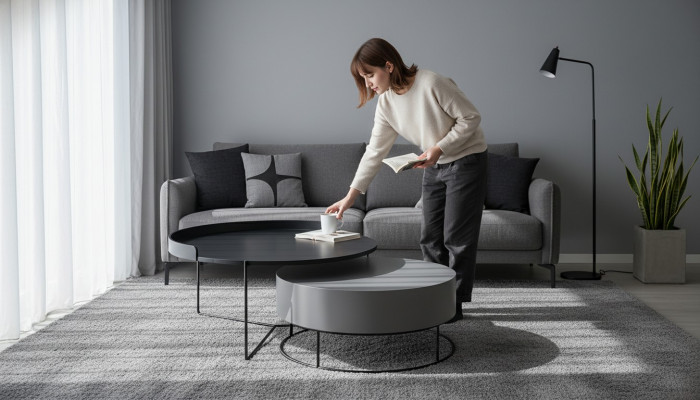 Ronde set 2x salontafel grijs bijzettafel woonkamertafels