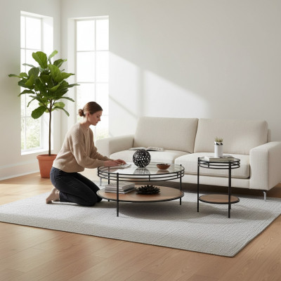 Modern salontafel set ontwerper ronde tafel glazen tafel koffietafel 2 delig.