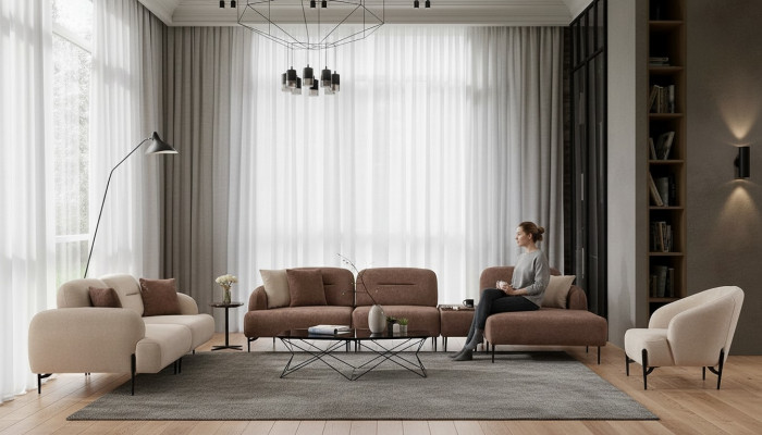 Moderne bruin-witte bankstel, 3-zits stoffen fauteuil L-vormige hoekbank