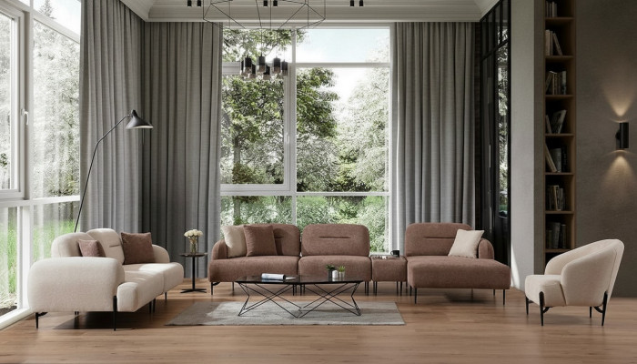 Moderne bruin-witte bankstel, 3-zits stoffen fauteuil L-vormige hoekbank
