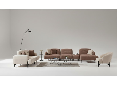 Moderne bruin-witte bankstel, 3-zits stoffen fauteuil L-vormige hoekbank