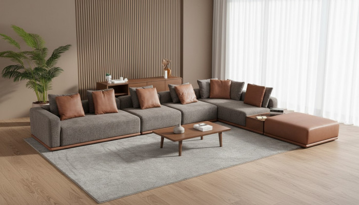 Grijze woonkamer zithoek hoekbank designstoffen bankstel