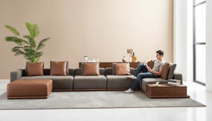 Zitbank met bekleding Hoekbank L-vormig Hoekbank Stoffen bank Moderne Bank Grijs