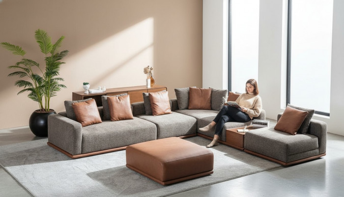 Ontwerper Grijze L-vorm Bank Woonkamer Hoek Woonlandschap Voetenbank 2pcs