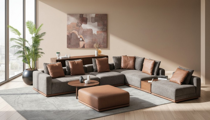 Ontwerper Grijze L-vorm Bank Woonkamer Hoek Woonlandschap Voetenbank 2pcs