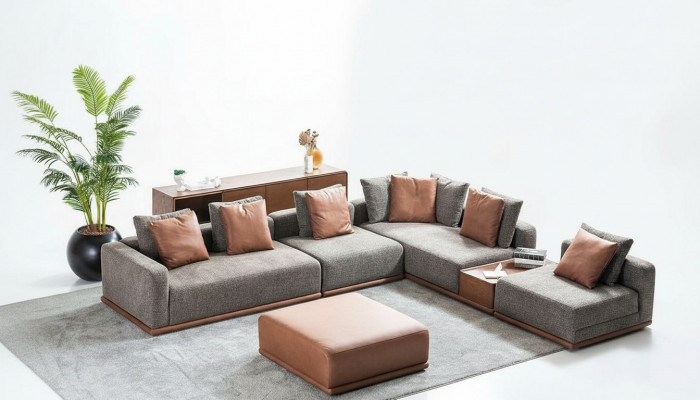 Ontwerper Grijze L-vorm Bank Woonkamer Hoek Woonlandschap Voetenbank 2pcs
