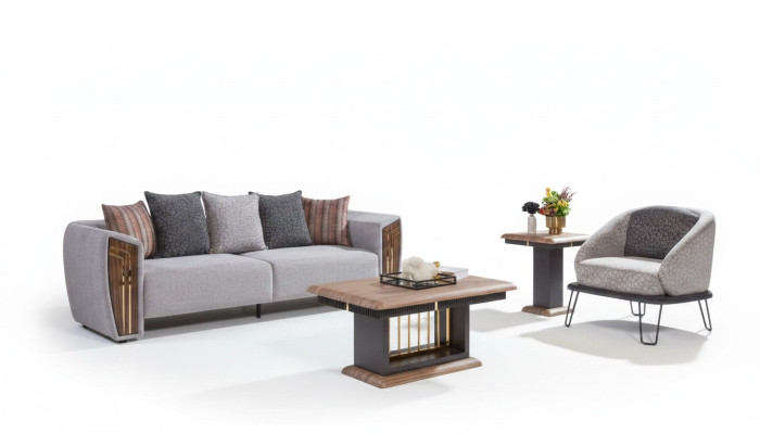 Grijze robuuste bankstel stoffering driezits textiel fauteuil bankstel