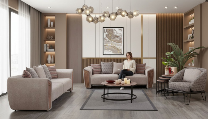 Beige woonkamer gestoffeerde bankstel driezitsbank fauteuil textiel meubels
