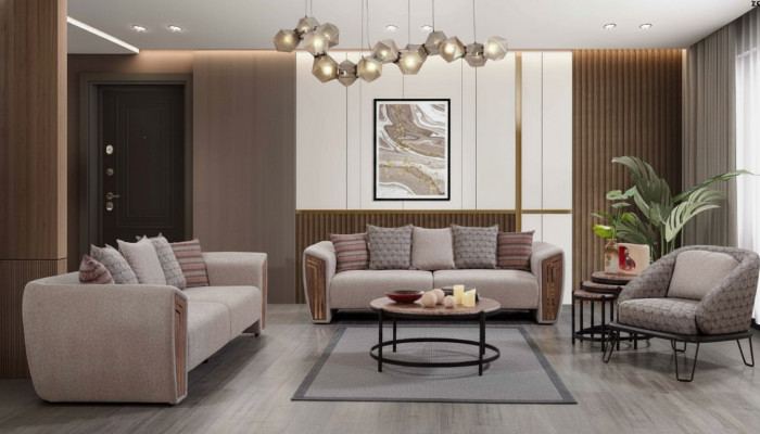 Beige woonkamer gestoffeerde bankstel driezitsbank fauteuil textiel meubels