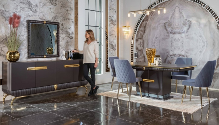 Eetkamer roestvrijstalen set, design eettafel met 4 stoelen en dressoir, 7-delig.