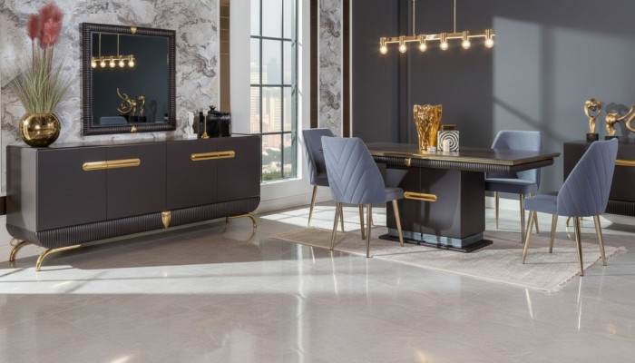 Eetkamer roestvrijstalen set, design eettafel met 4 stoelen en dressoir, 7-delig.