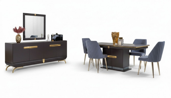 Eetkamer roestvrijstalen set, design eettafel met 4 stoelen en dressoir, 7-delig.