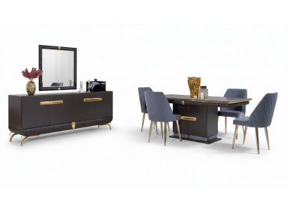 Eetkamer roestvrijstalen set, design eettafel met 4 stoelen en dressoir, 7-delig.