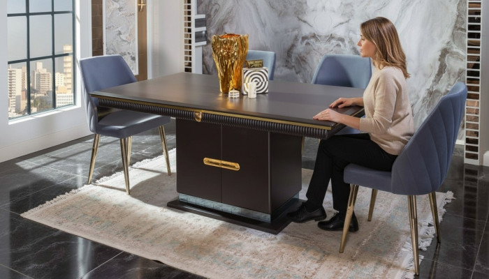 Luxe roestvrijstalen eetkamerset Moderne eettafel 4x gestoffeerde stoelen