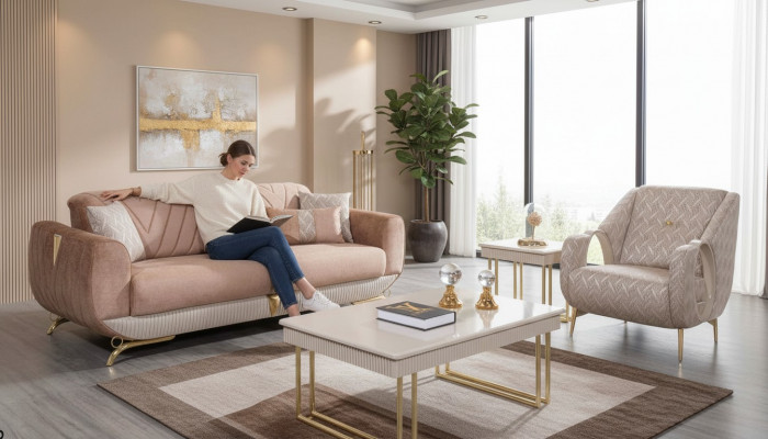 Beige woonkamerset Luxe 3-zits fauteuil Bijzettafel