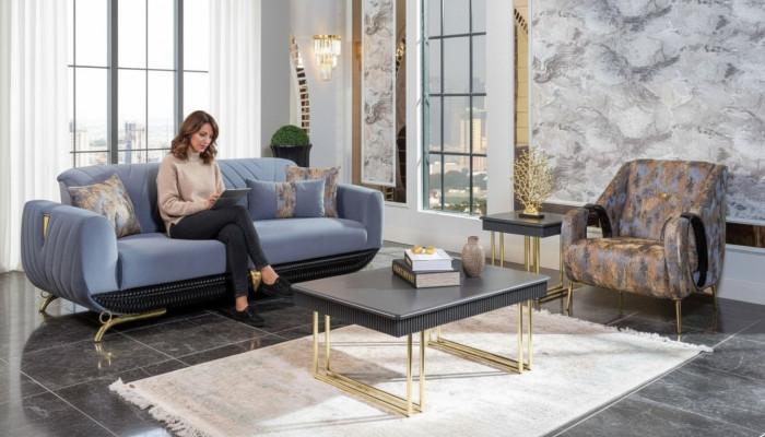 Moderne gestoffeerde woonkamermeubels designer blauwe driezits stoel 4-delig.