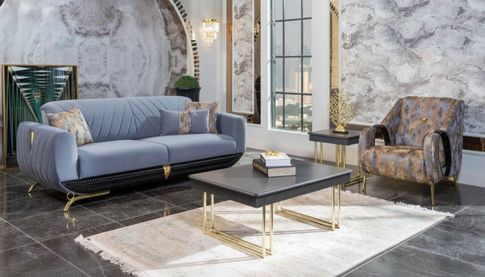 Moderne gestoffeerde woonkamermeubels designer blauwe driezits stoel 4-delig.