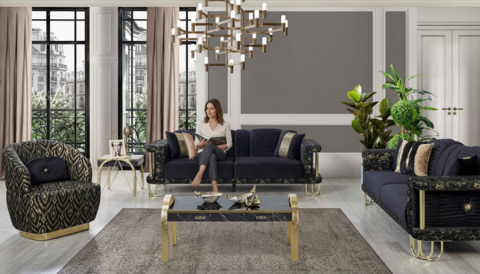 Zwarte bankstel 2x driezits gestoffeerde fauteuil Moderne zitmeubels