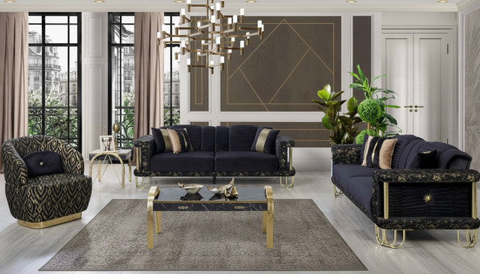 Zwarte bankstel 2x driezits gestoffeerde fauteuil Moderne zitmeubels