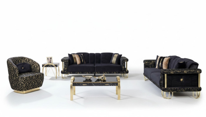 Zwarte bankstel 2x driezits gestoffeerde fauteuil Moderne zitmeubels