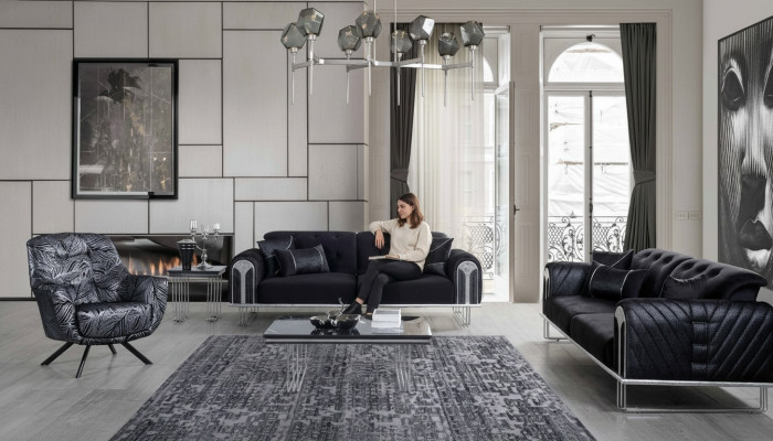 Zwarte woonkamersofaset 2x Driezitsdesigner gestoffeerde fauteuil