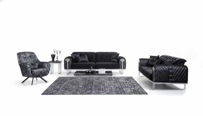 Zwarte woonkamersofaset 2x Driezitsdesigner gestoffeerde fauteuil