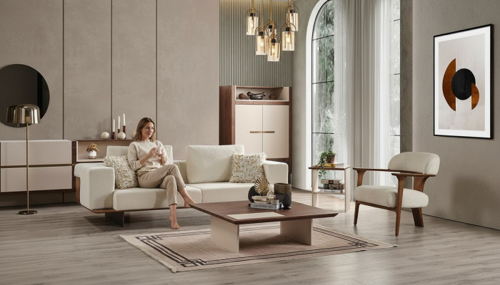 Moderne witte bankstel set van 3 + 1 zits, textiel, houten fauteuil, compleet nieuw set.