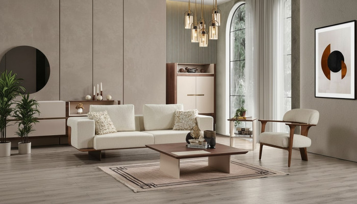 Moderne witte bankstel set van 3 + 1 zits, textiel, houten fauteuil, compleet nieuw set.