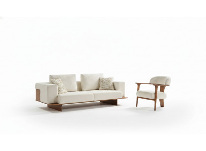 Moderne witte bankstel set van 3 + 1 zits, textiel, houten fauteuil, compleet nieuw set.