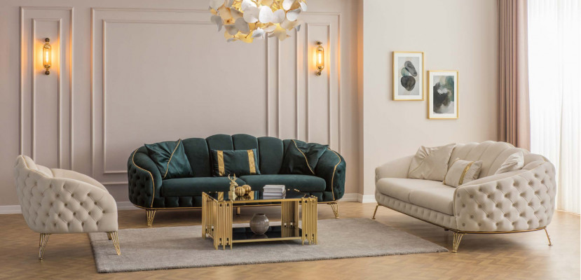 Moderne Chesterfield Beige Woonkamer Bankstel x2 3-Zits Gestoffeerde Fauteuil