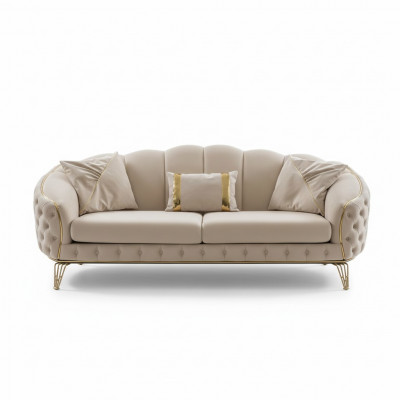 Moderne Chesterfield Beige Woonkamer Bankstel x2 3-Zits Gestoffeerde Fauteuil