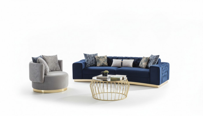 Bankstel Volledig gestoffeerde bank Blauw Driezits Modern Stoel nieuw