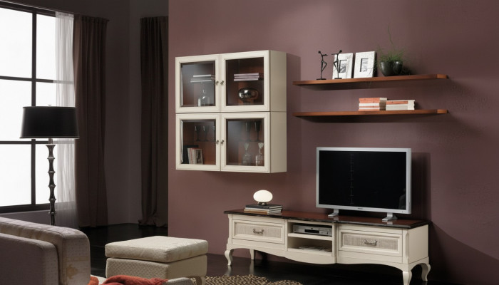 Lowboard tv-wandkasten woonkamer hout meubel wandplank set 7-delig.