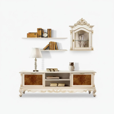 Wandmeubel planken woonkamer hout wit wandvitrine wandplanken Italië nieuw