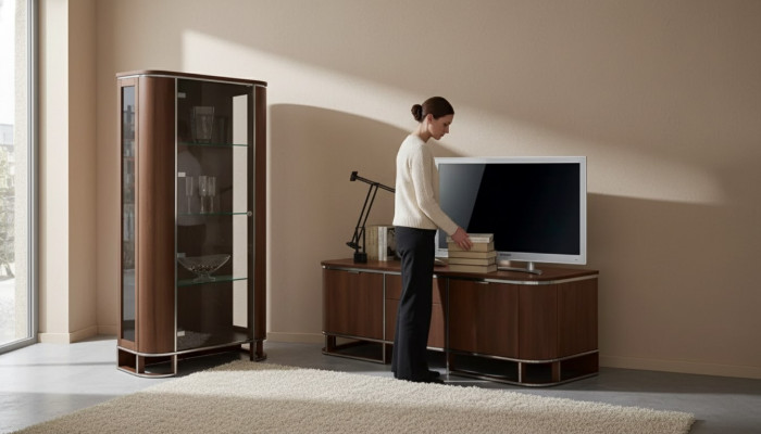 TV-standaard televisie muur woonkamer tv-meubel bruin hoogglans vitrine