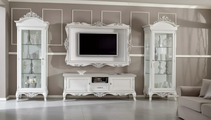 Wandmeubel Lowboard 2x Vitrine TV-frame Set 4-delig. Klassieke stijl Wit