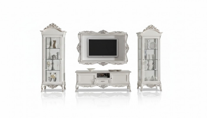 Wandmeubel Lowboard 2x Vitrine TV-frame Set 4-delig. Klassieke stijl Wit