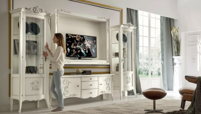 Klassieke stijl Witte woonkamer tv-meubel 2x vitrine TV-frame groep Nieuw