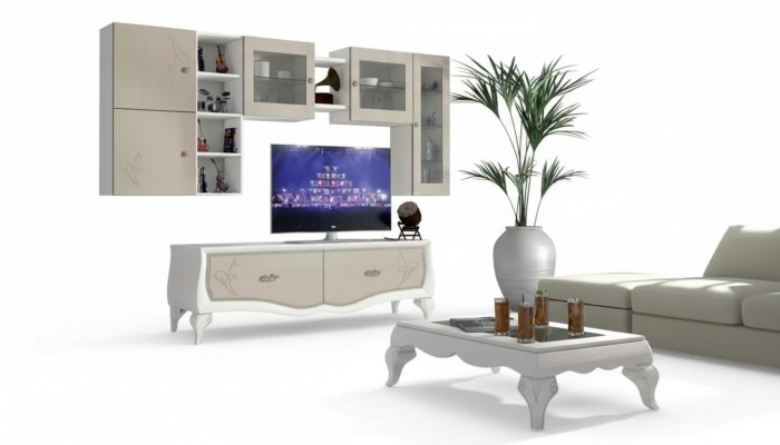 Woonkamer luxe set met vitrine, TV-meubel en wandplank, 5 delig. Nieuw.