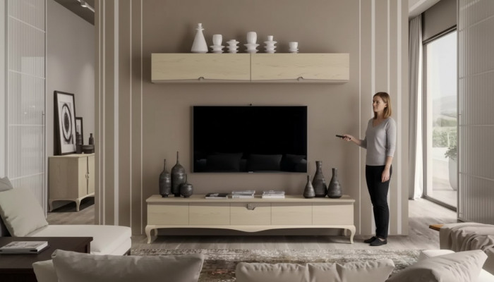 TV-standaard muurrek houten tafel muurrek beige klassiek design nieuw