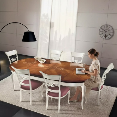 Klassieke eettafel tafel hout eetkamerset 4x stoelen set wit