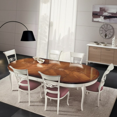 Klassieke eettafel tafel hout eetkamerset 4x stoelen set wit
