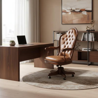 Bureaustoel hout directeursstoel Chesterfield Italië meubels bruin draaibaar nieuw
