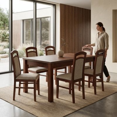 Ontwerper houten eetkamerset tafel 6 stoelen set gestoffeerd 7-delig.