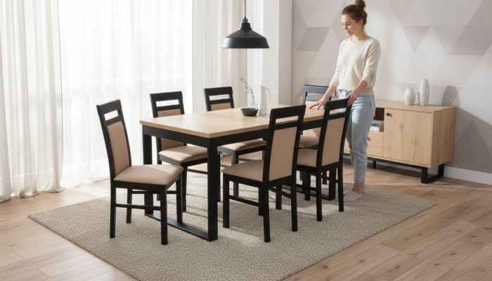Moderne eettafelset van hout met 6 stoelen, 7-delige set.