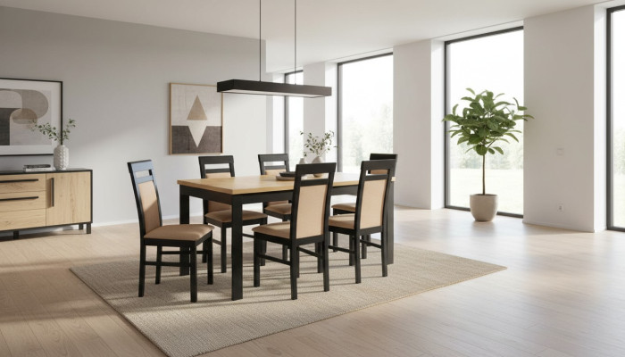 Moderne eettafelset van hout met 6 stoelen, 7-delige set.