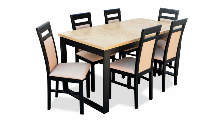 Moderne eettafelset van hout met 6 stoelen, 7-delige set.